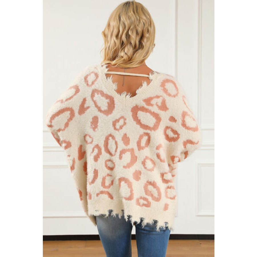 Leopard V-Neck Dropped Shoulder Sweater Clothing