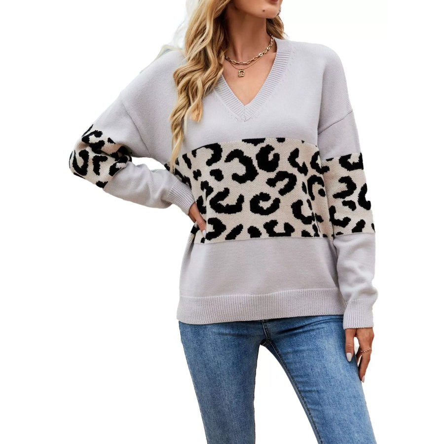 Leopard V-Neck Dropped Shoulder Sweater Grey / S Apparel and Accessories