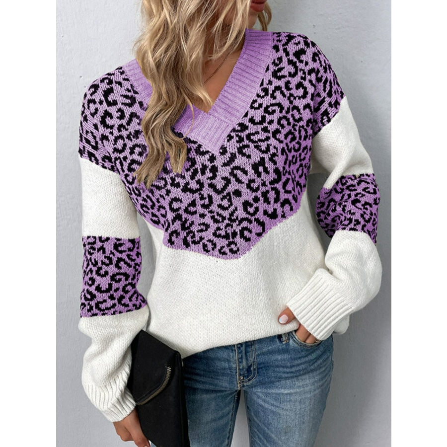 Leopard V-Neck Dropped Shoulder Sweater Lilac / S