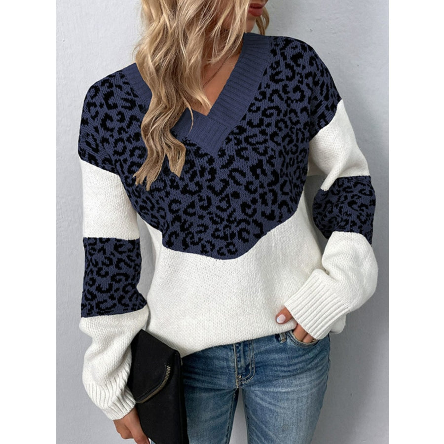 Leopard V-Neck Dropped Shoulder Sweater Navy / S