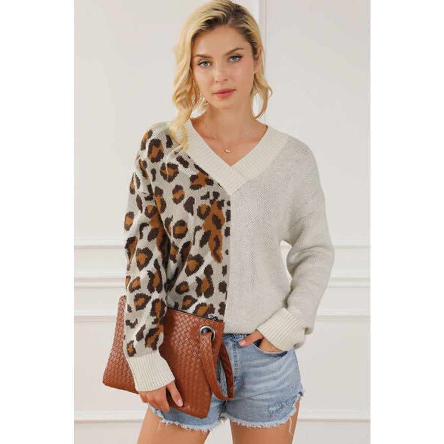 Leopard V-Neck Dropped Shoulder Sweater Leopard / S Clothing