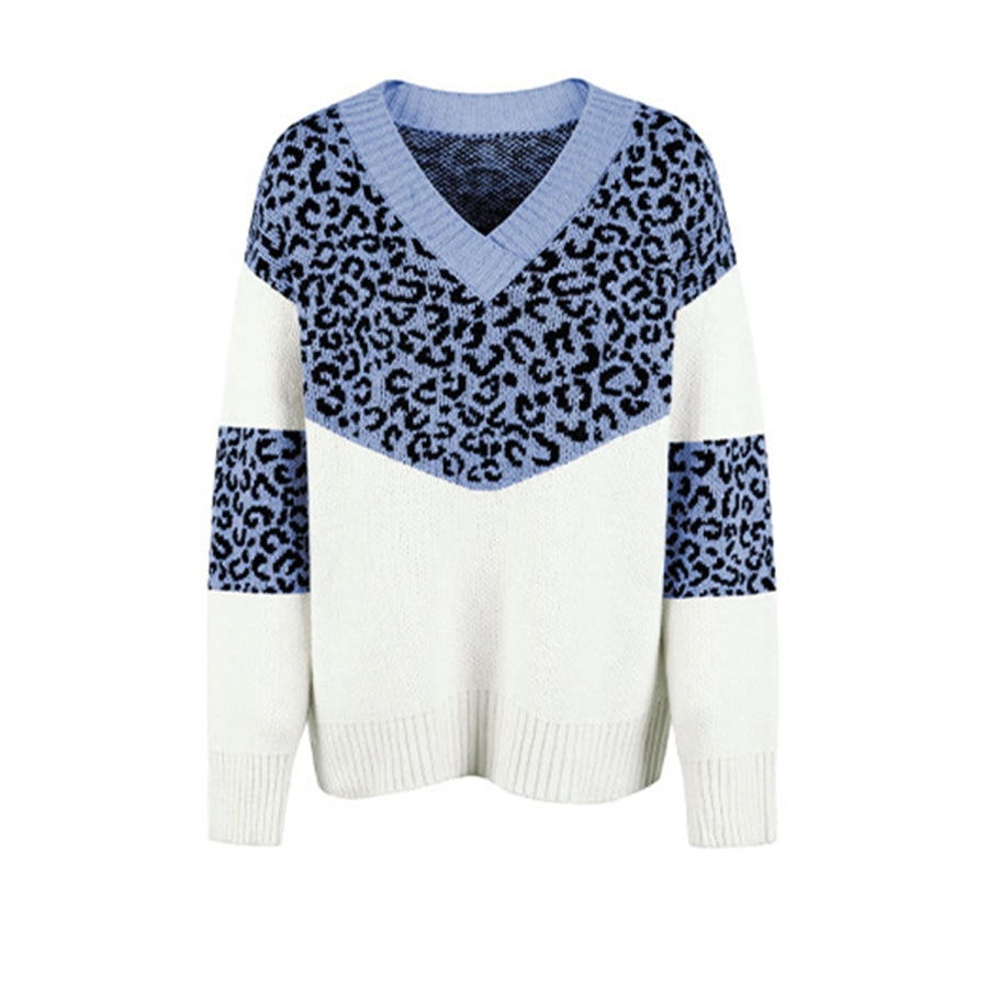 Leopard V-Neck Dropped Shoulder Sweater