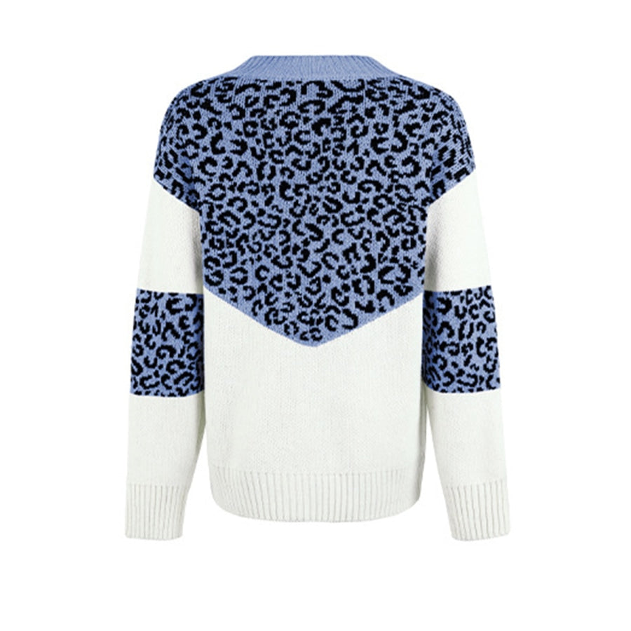 Leopard V-Neck Dropped Shoulder Sweater