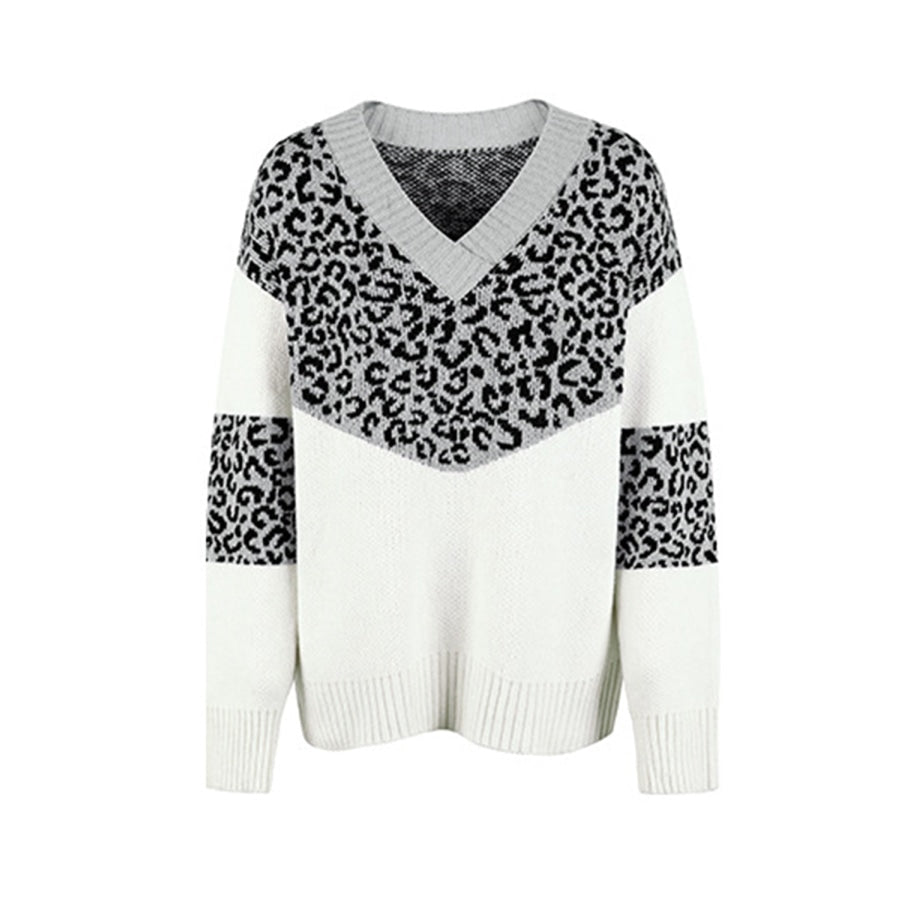 Leopard V-Neck Dropped Shoulder Sweater