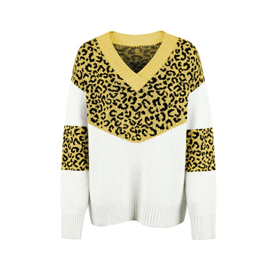 Leopard V-Neck Dropped Shoulder Sweater