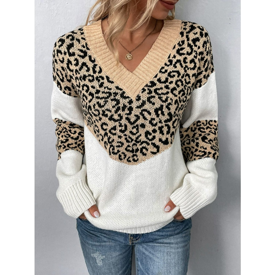 Leopard V-Neck Dropped Shoulder Sweater