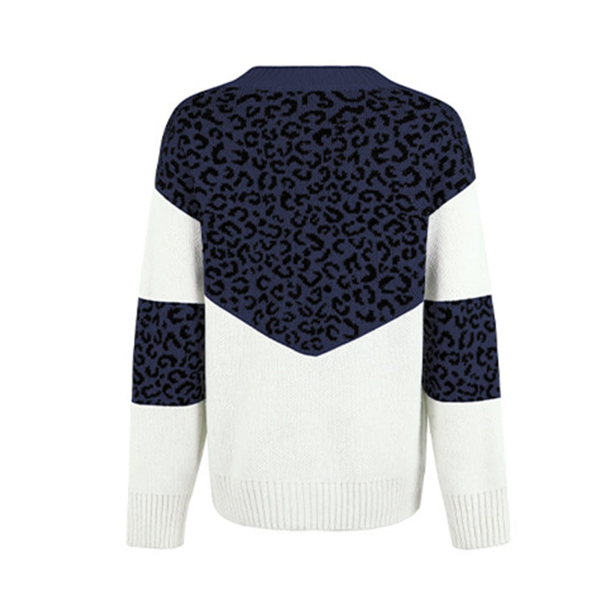 Leopard V-Neck Dropped Shoulder Sweater