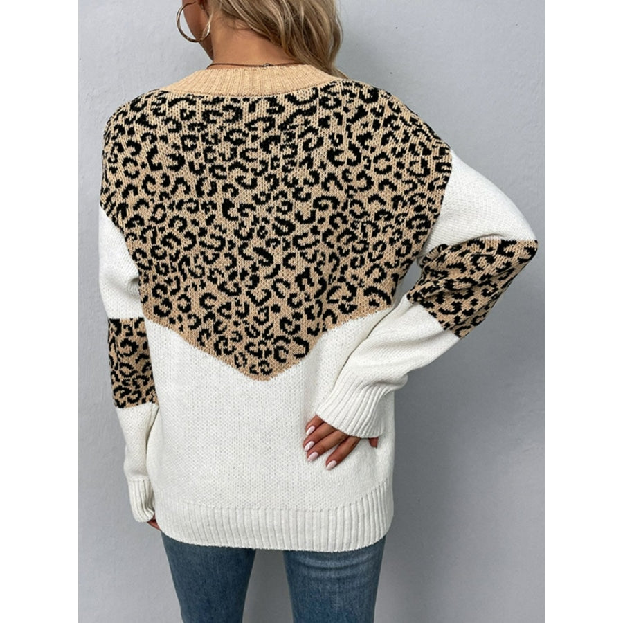 Leopard V-Neck Dropped Shoulder Sweater