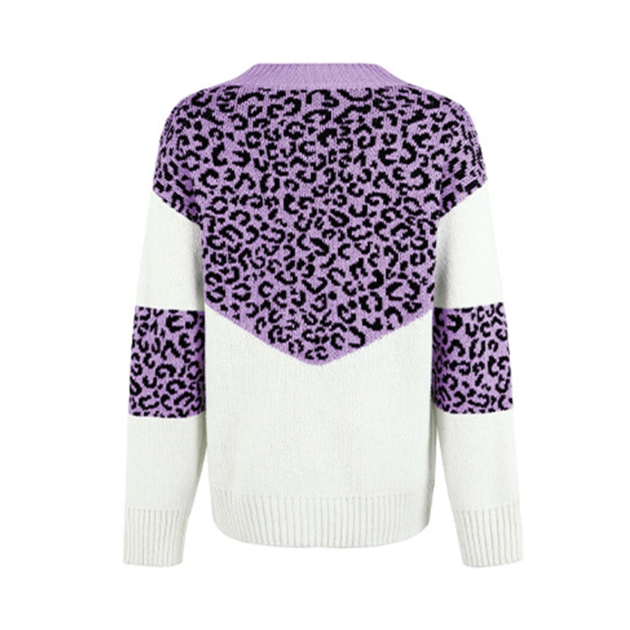 Leopard V-Neck Dropped Shoulder Sweater