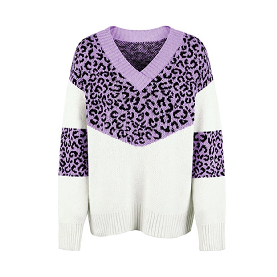 Leopard V-Neck Dropped Shoulder Sweater