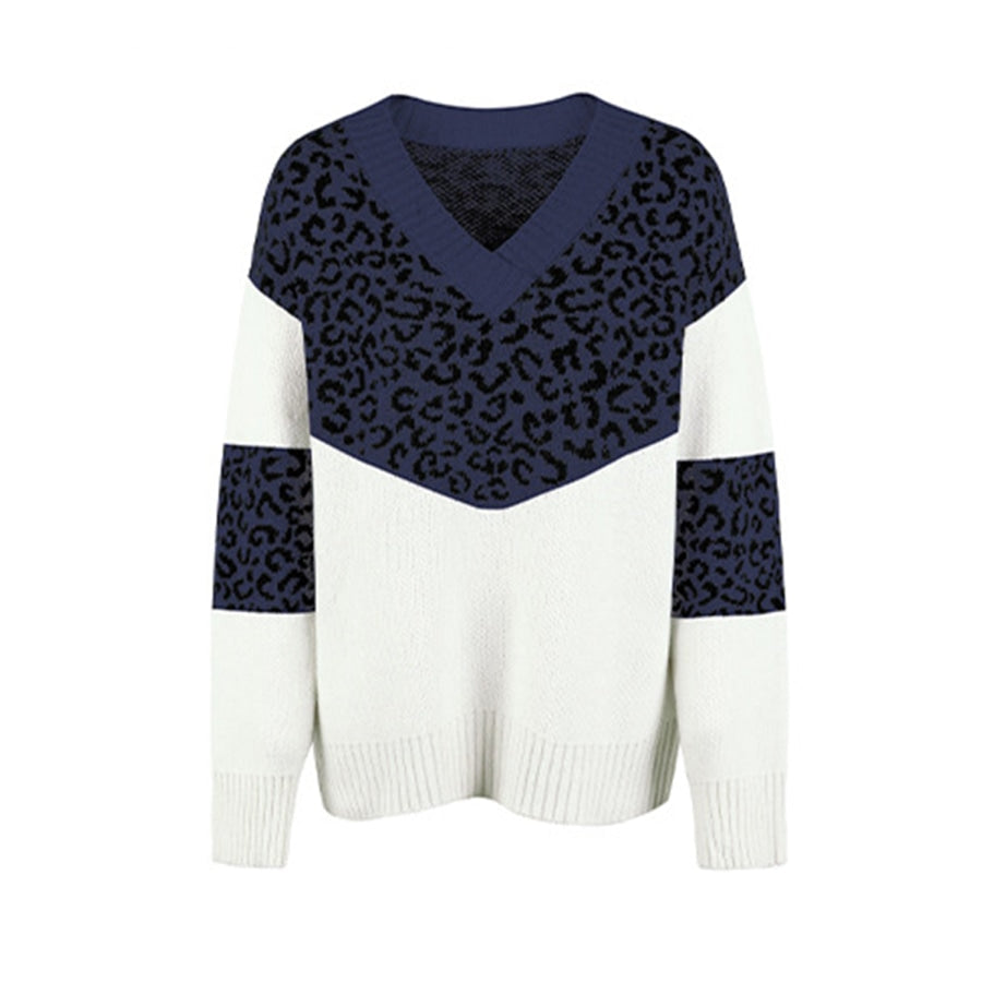 Leopard V-Neck Dropped Shoulder Sweater