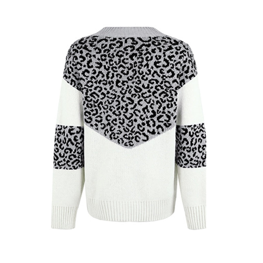 Leopard V-Neck Dropped Shoulder Sweater