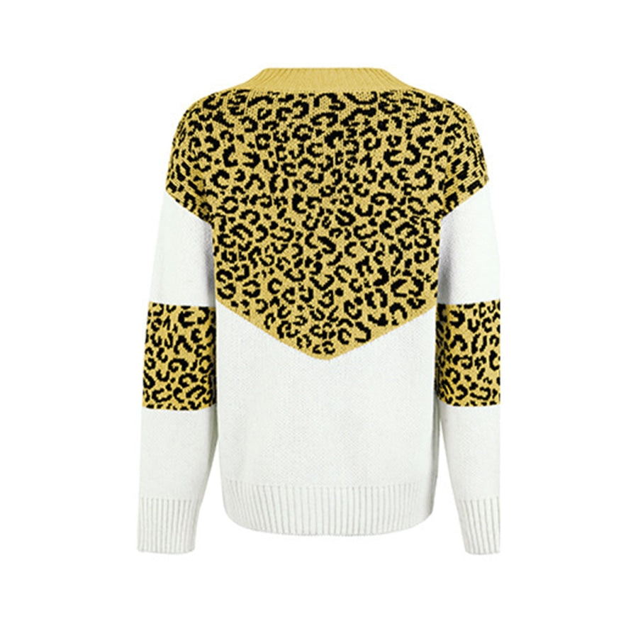 Leopard V-Neck Dropped Shoulder Sweater