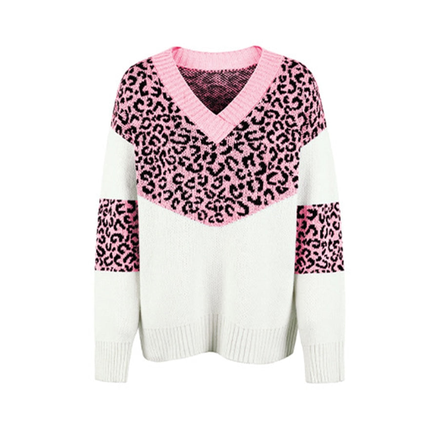 Leopard V-Neck Dropped Shoulder Sweater