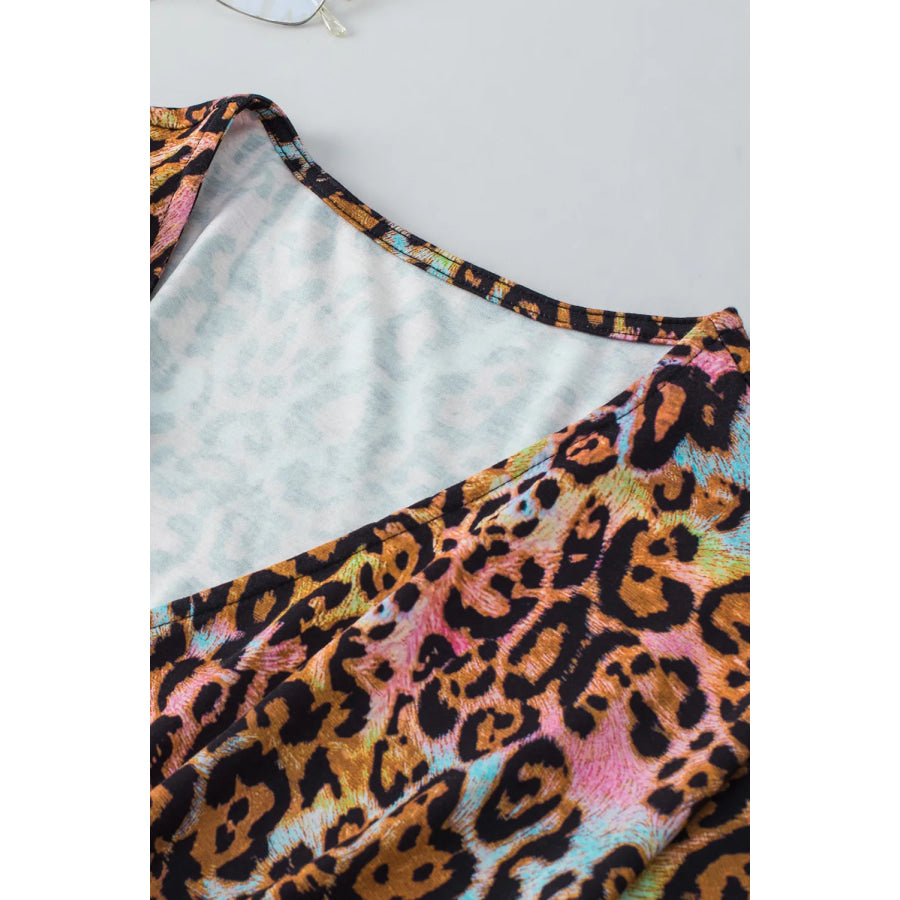 Leopard V-Neck Half Sleeve Blouse Apparel and Accessories