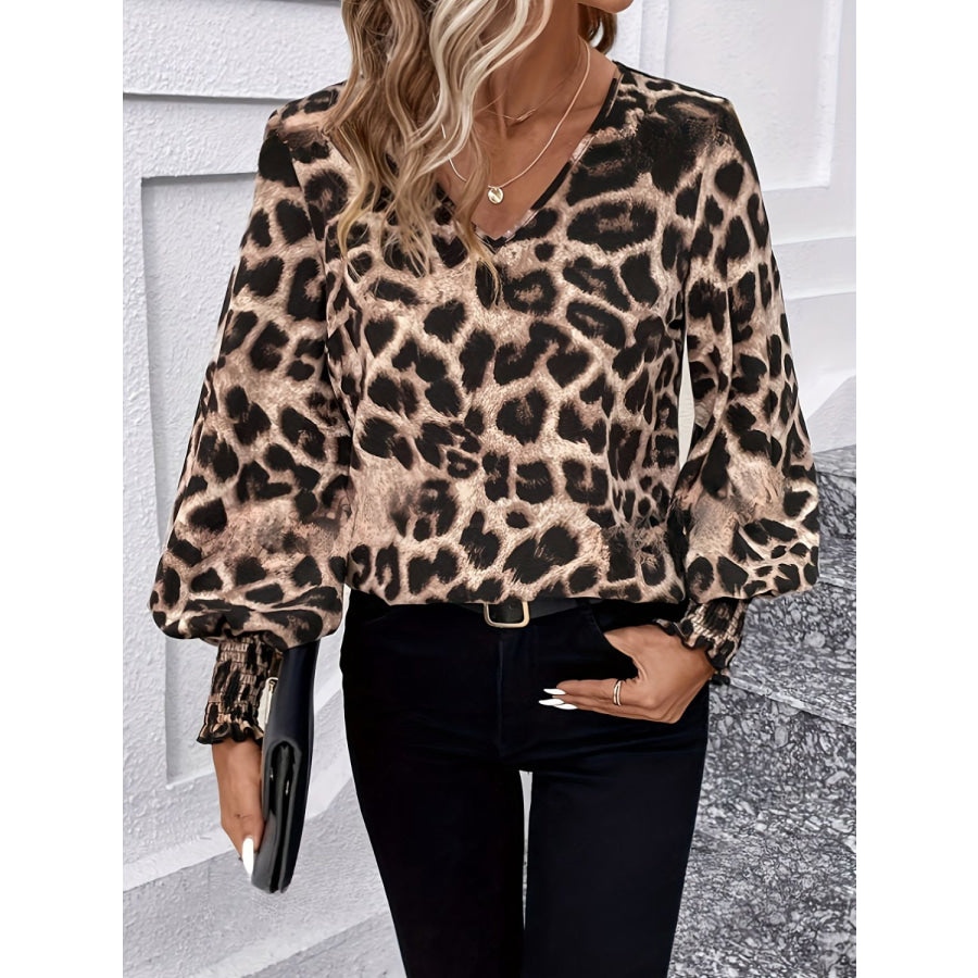 Leopard V-Neck Lantern Sleeve Blouse Apparel and Accessories