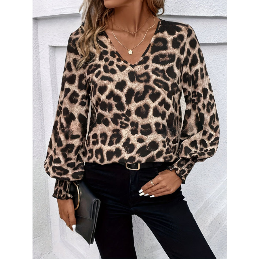 Leopard V-Neck Lantern Sleeve Blouse Apparel and Accessories