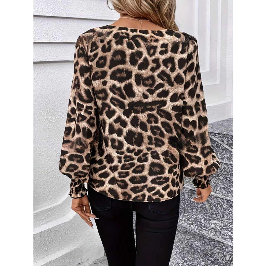 Leopard V-Neck Lantern Sleeve Blouse Apparel and Accessories