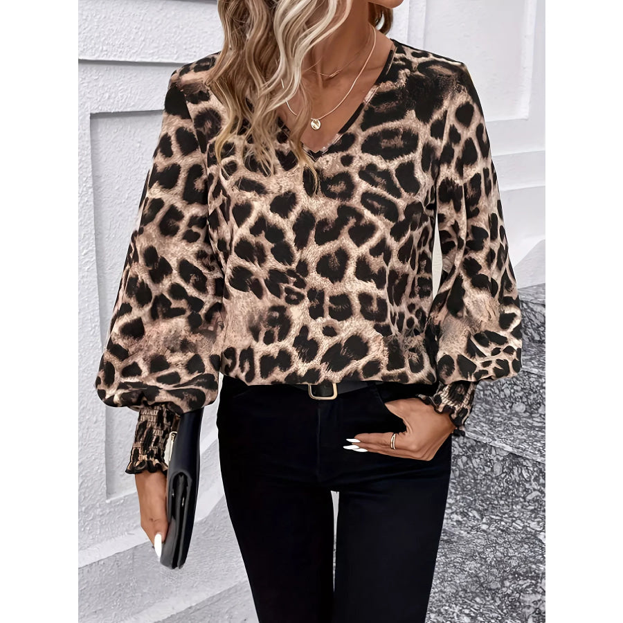 Leopard V-Neck Long Sleeve Blouse Apparel and Accessories