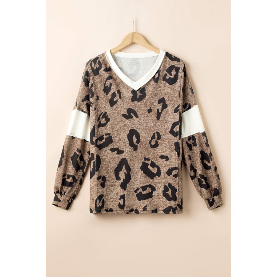 Leopard V-Neck Long Sleeve Blouse Apparel and Accessories