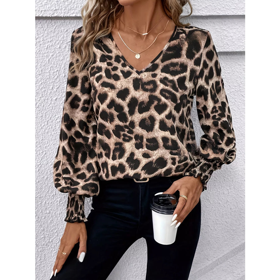 Leopard V-Neck Long Sleeve Blouse Leopard / S Apparel and Accessories