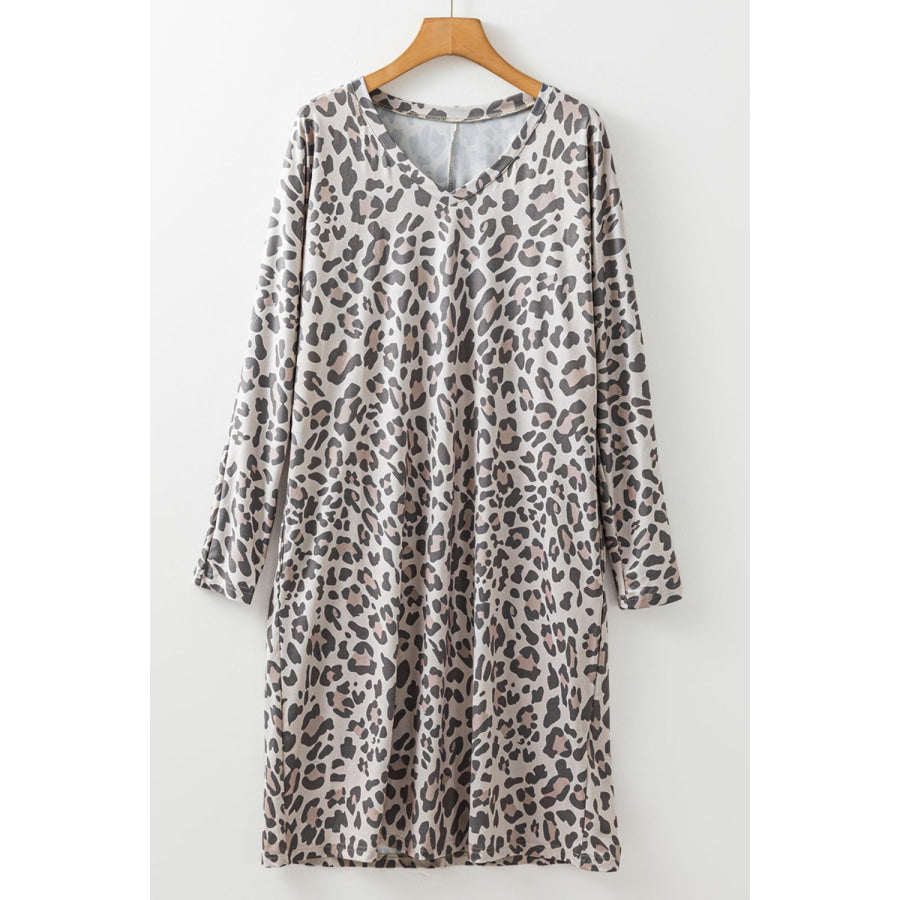 Leopard V-Neck Long Sleeve Dress Apparel and Accessories