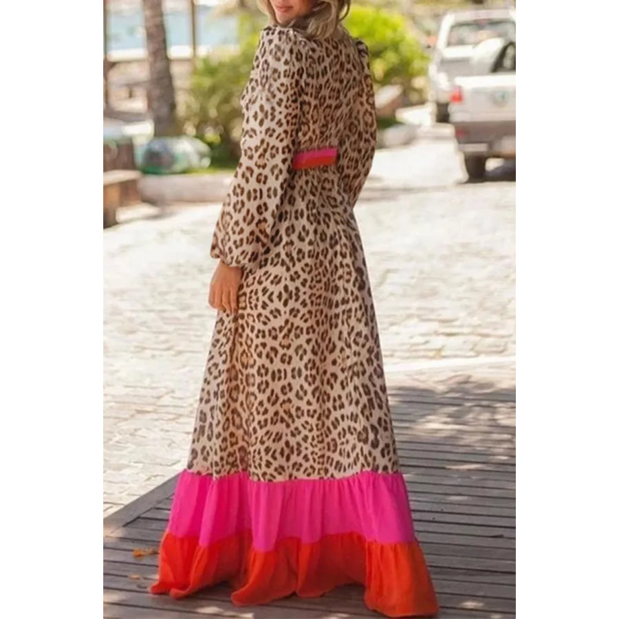 Leopard V-Neck Long Sleeve Maxi Dress Apparel and Accessories