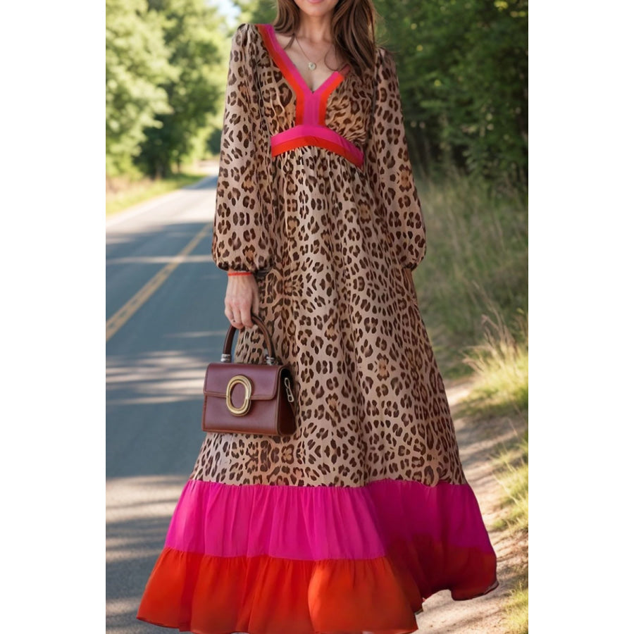 Leopard V-Neck Long Sleeve Maxi Dress Leopard / S Apparel and Accessories