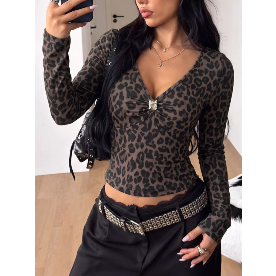 Leopard V-Neck Long Sleeve T-Shirt Apparel and Accessories