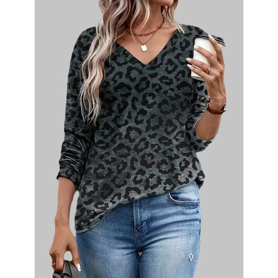 Leopard V-Neck Long Sleeve T-Shirt Black / S Clothing