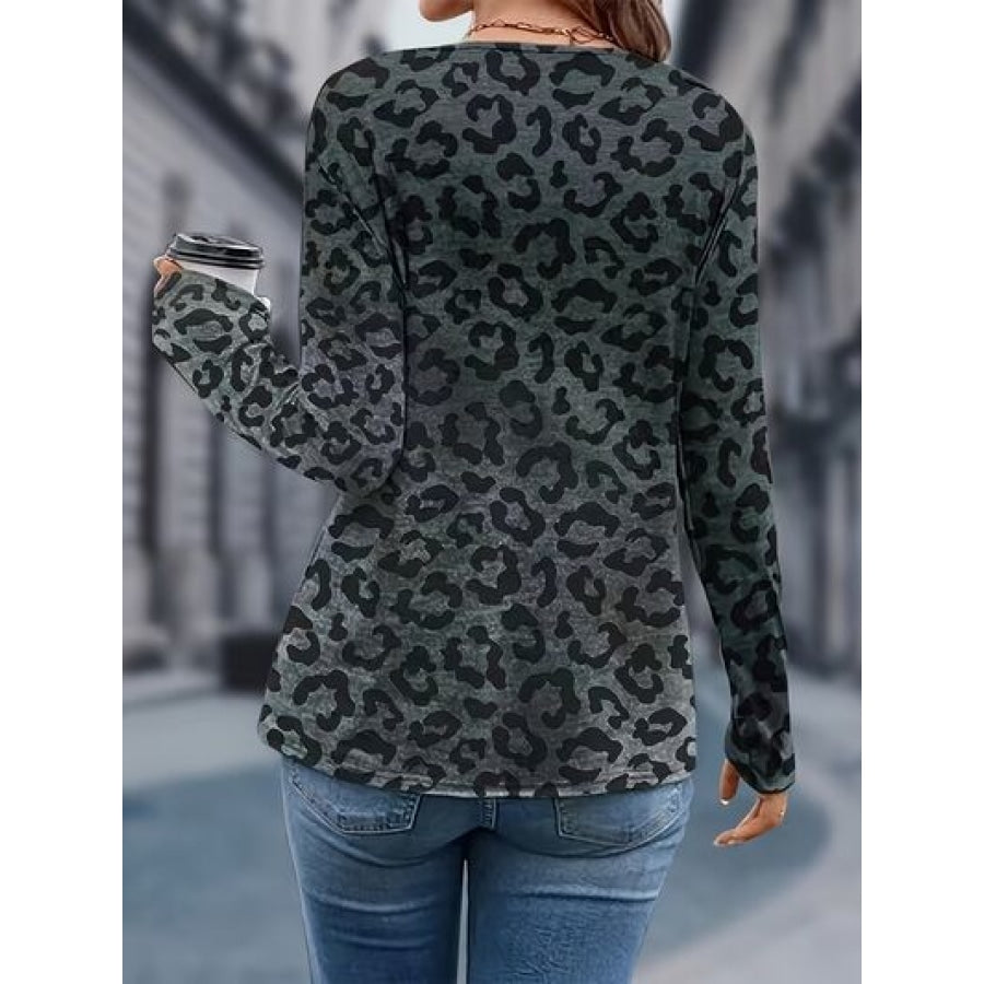 Leopard V-Neck Long Sleeve T-Shirt Clothing