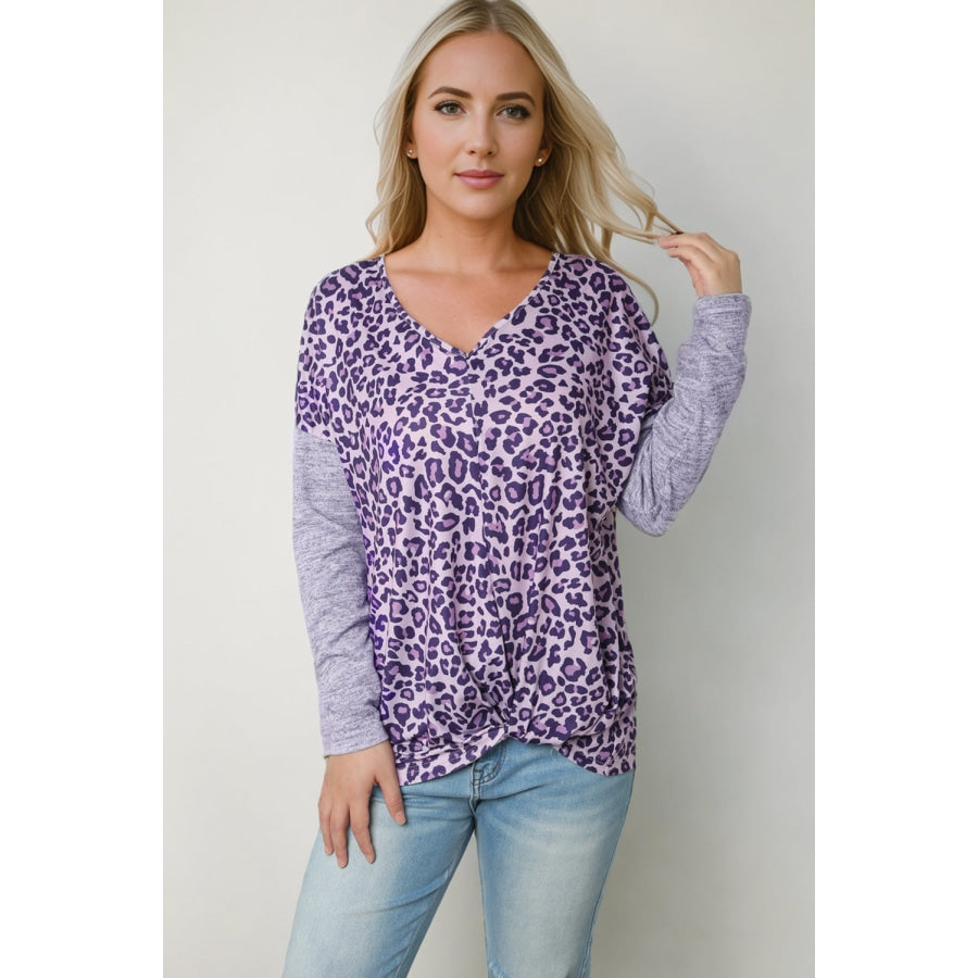 Leopard V-Neck Long Sleeve T-Shirt Lavender / S