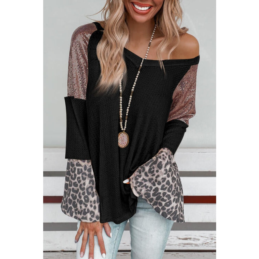 Leopard V-Neck Long Sleeve Top Black / S