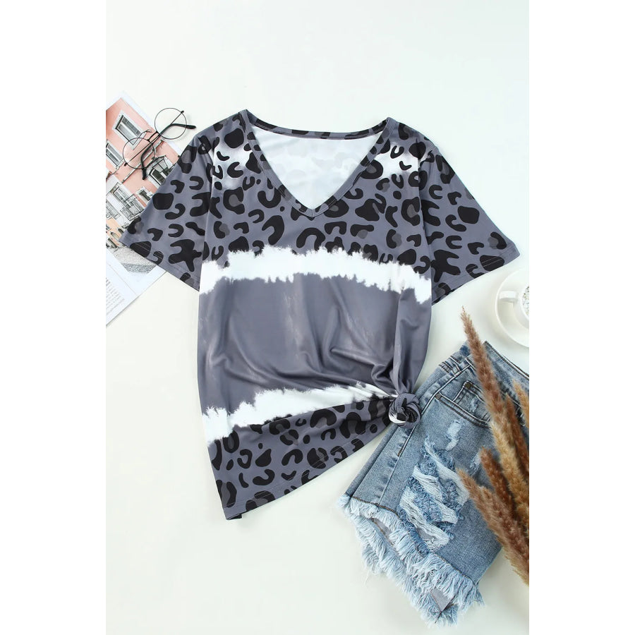 Leopard V-Neck Short Sleeve T-Shirt Cloudy Blue / S Apparel and Accessories