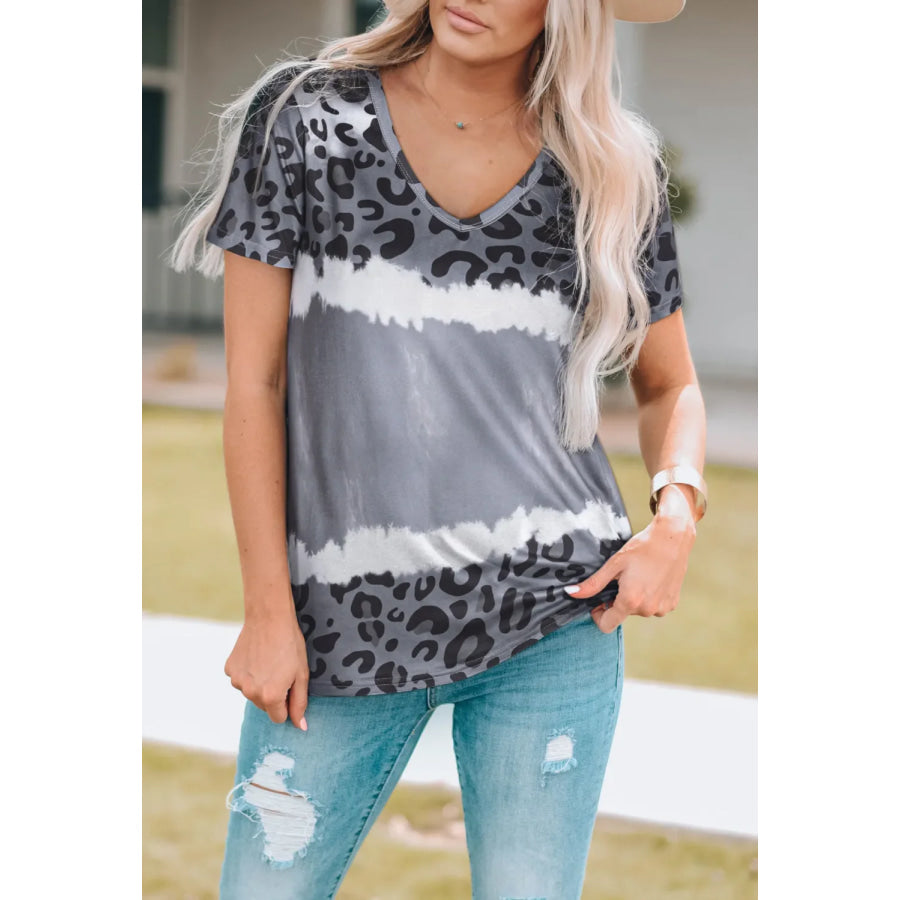 Leopard V-Neck Short Sleeve T-Shirt Cloudy Blue / S Apparel and Accessories