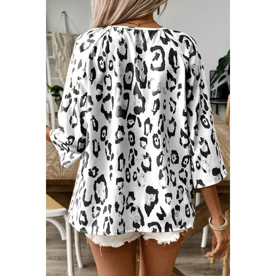 Leopard V-Neck Three-Quarter Sleeve Blouse Apparel and Accessories