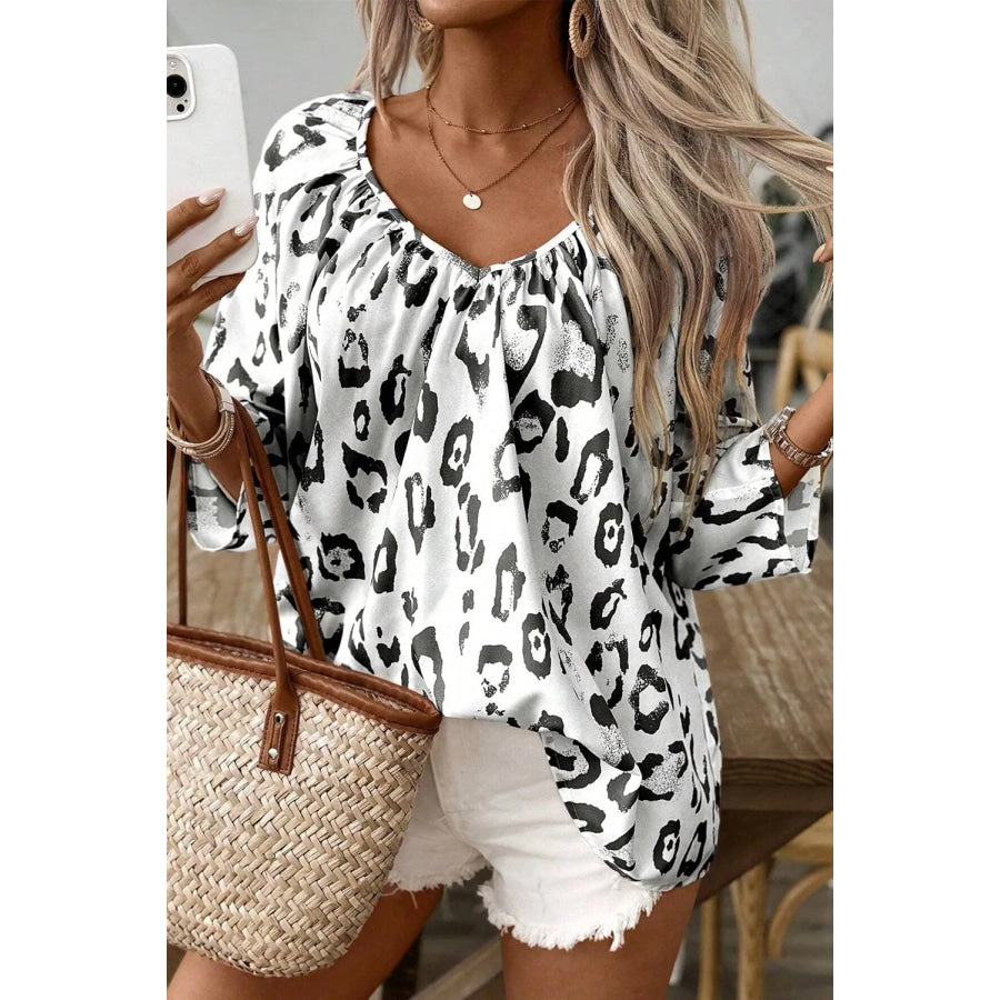 Leopard V-Neck Three-Quarter Sleeve Blouse Apparel and Accessories