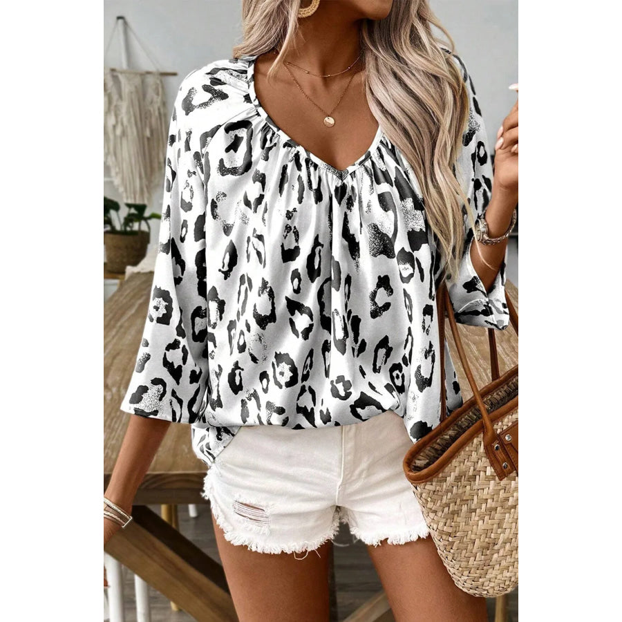 Leopard V-Neck Three-Quarter Sleeve Blouse Black / S Apparel and Accessories