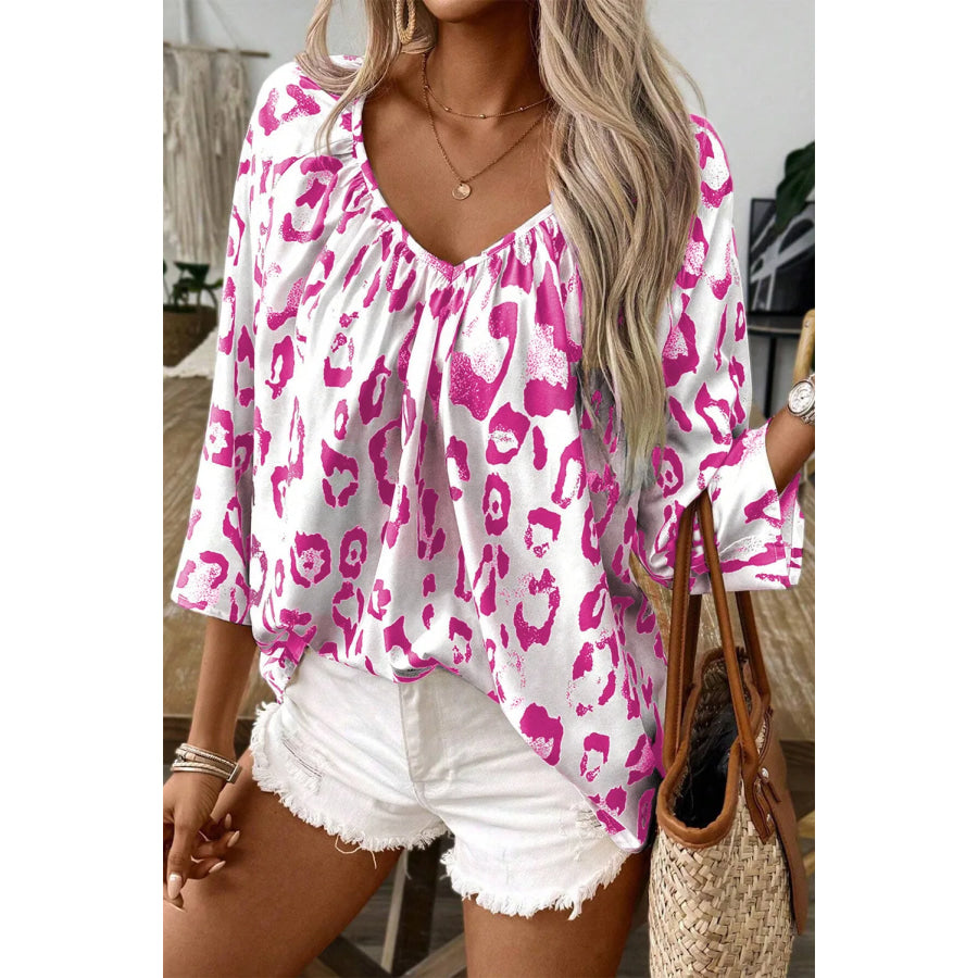 Leopard V-Neck Three-Quarter Sleeve Blouse Fuchsia Pink / S Apparel and Accessories