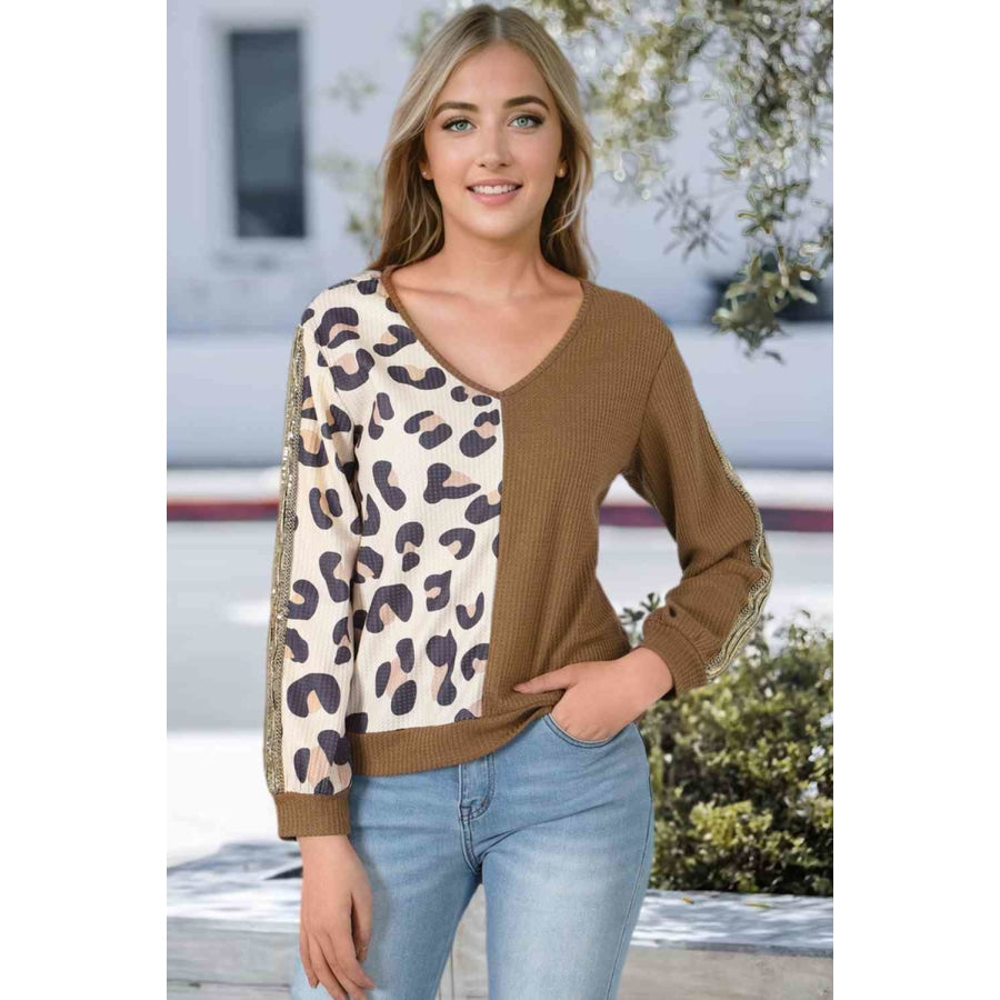 Leopard V-Neck Waffle-Knit Top Chestnut / S