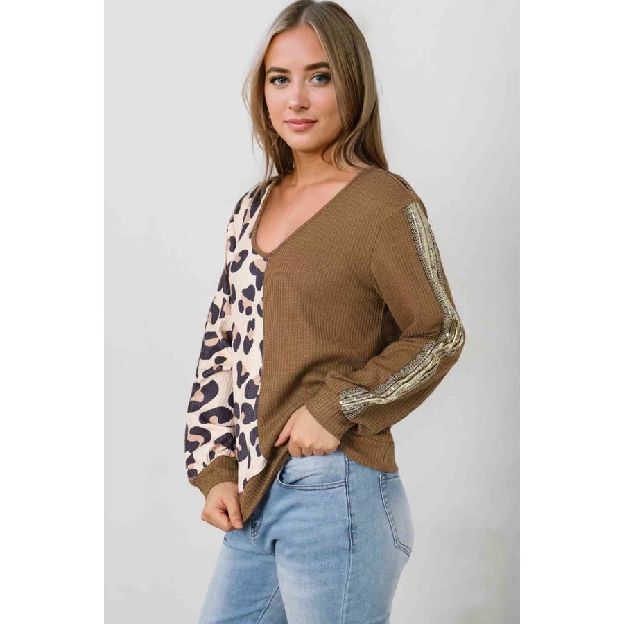 Leopard V-Neck Waffle-Knit Top