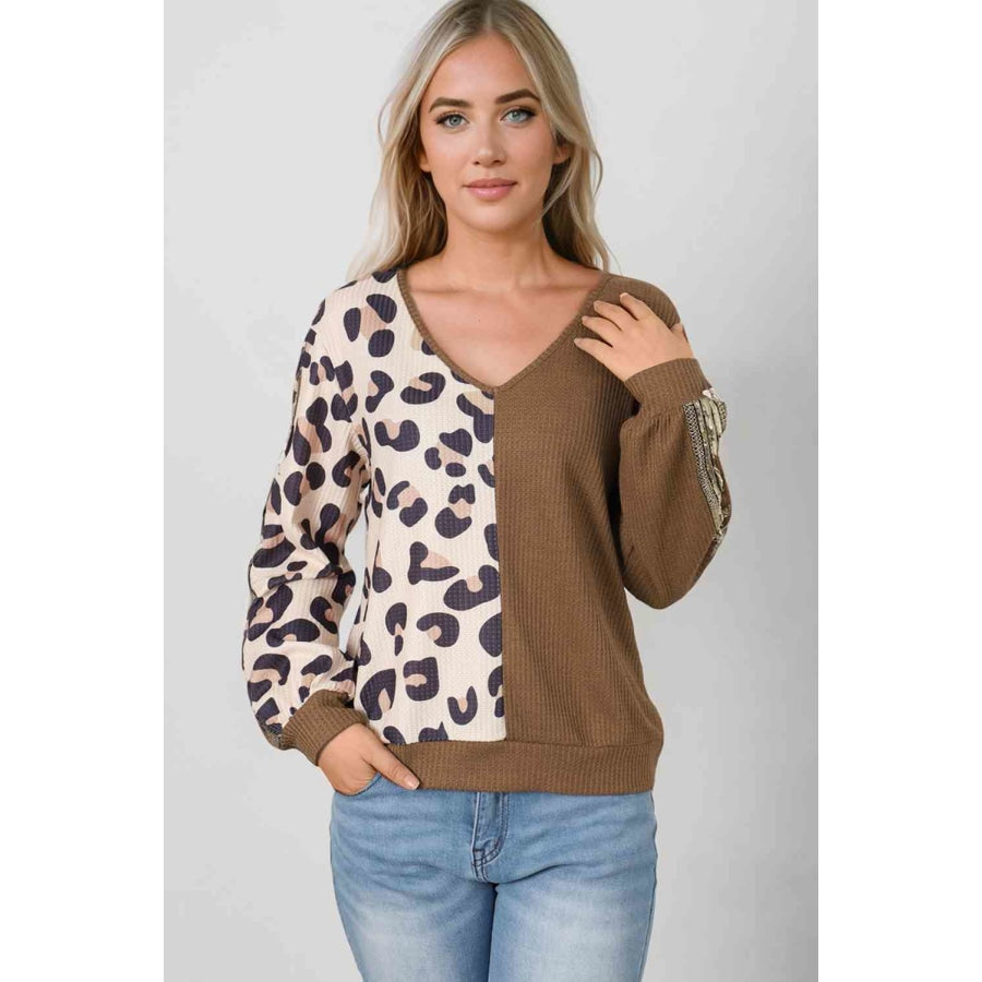 Leopard V-Neck Waffle-Knit Top