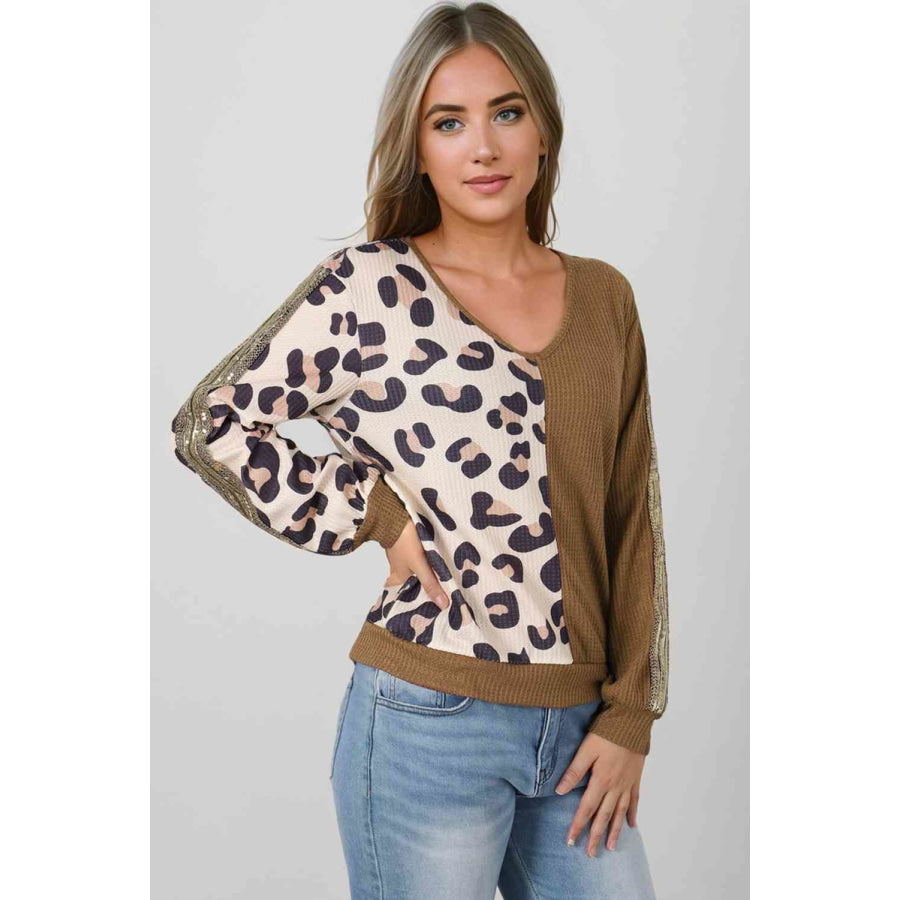 Leopard V-Neck Waffle-Knit Top