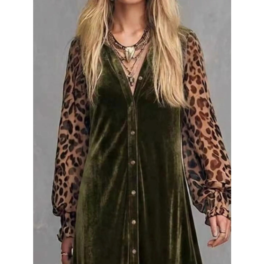 Leopard Velvet Button-Down Maxi Dress Apparel and Accessories