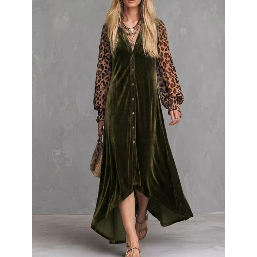 Leopard Velvet Button-Down Maxi Dress Army Green / S Apparel and Accessories
