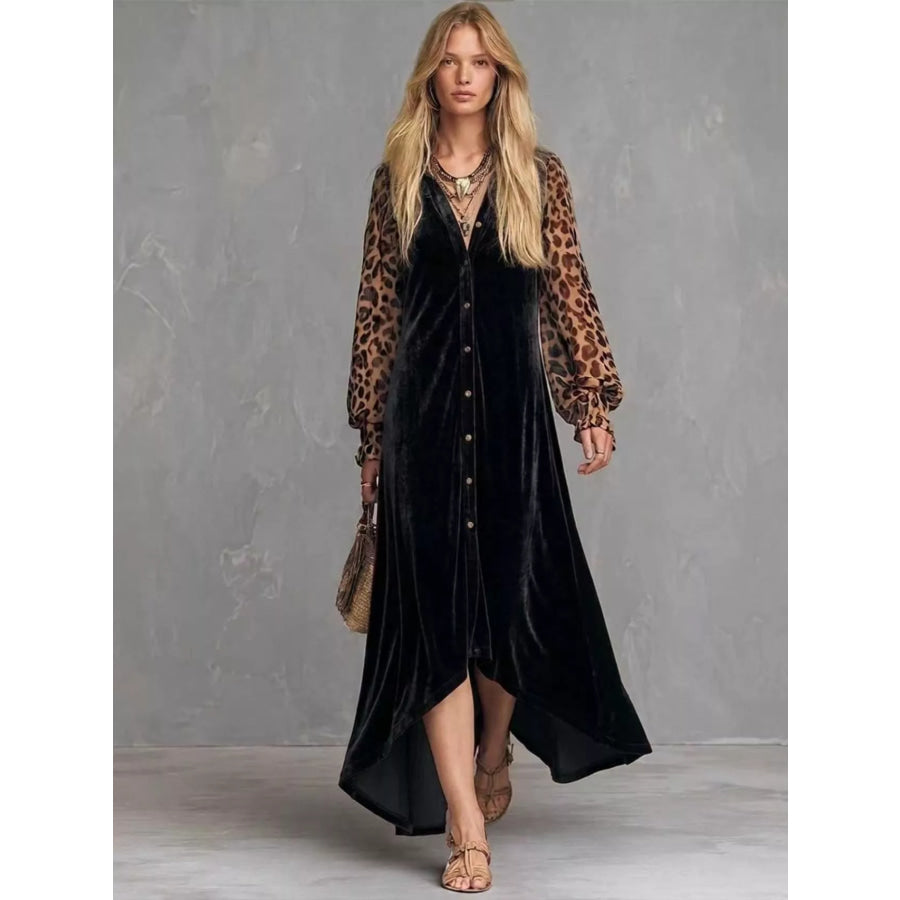 Leopard Velvet Button-Down Maxi Dress Black / S Apparel and Accessories