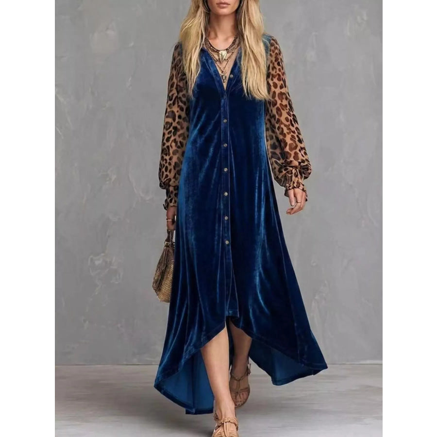 Leopard Velvet Button-Down Maxi Dress Blue / S Apparel and Accessories