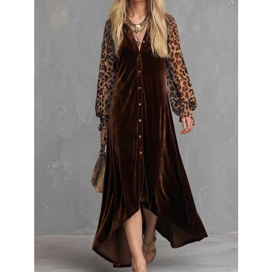 Leopard Velvet Button-Down Maxi Dress Brown / S Apparel and Accessories