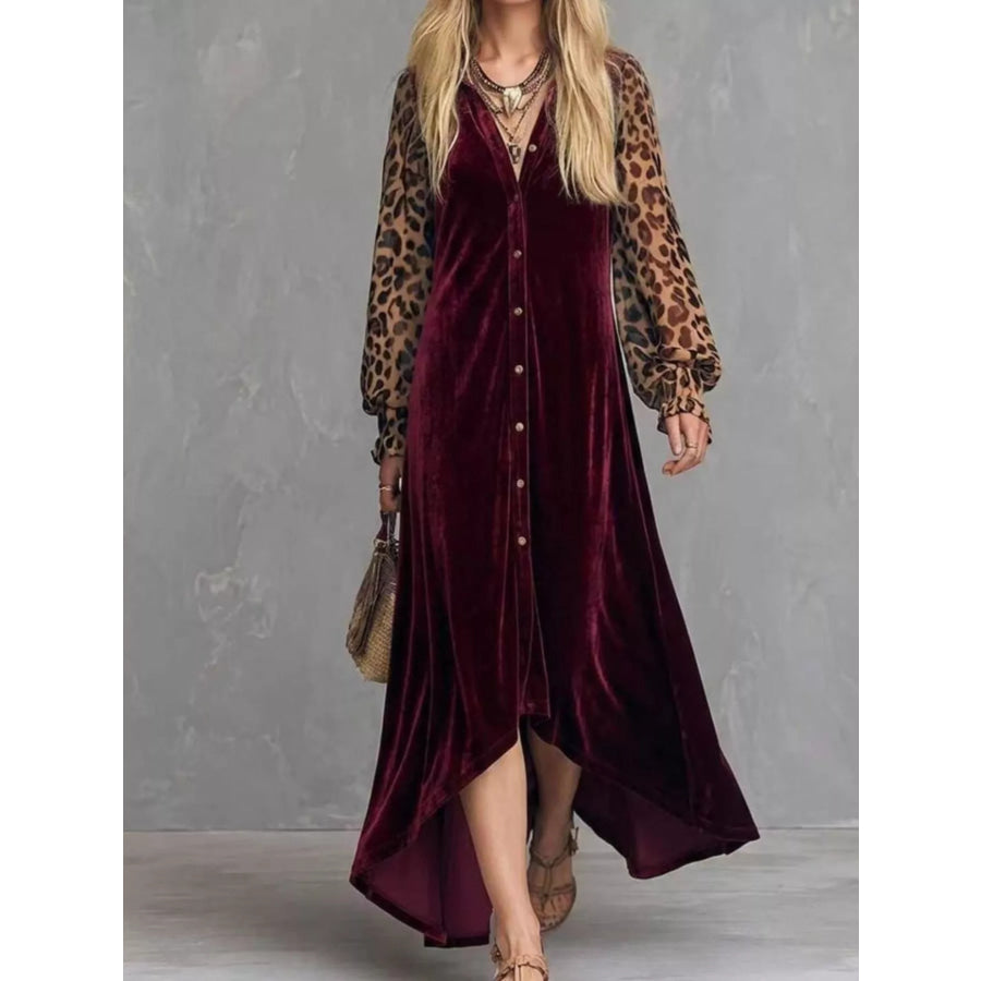 Leopard Velvet Button-Down Maxi Dress Burgundy / S Apparel and Accessories