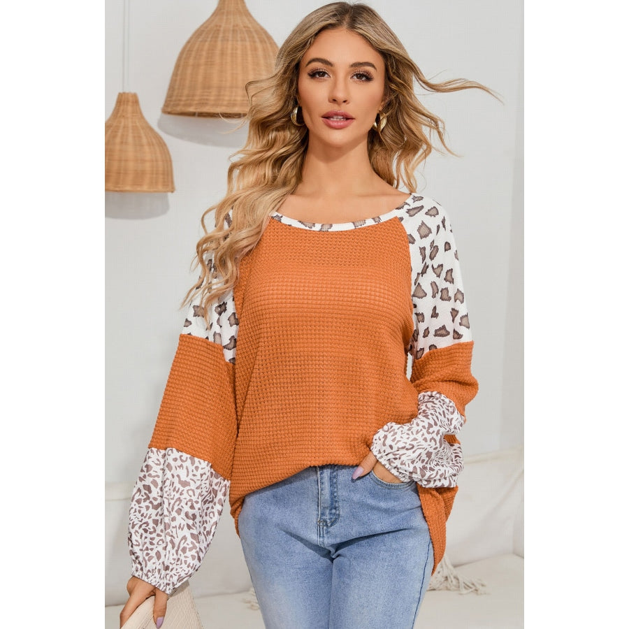 Leopard Waffle-Knit Blouse Pumpkin / S